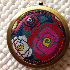 Vintage Fossil Leather Double Mirror Compact with Gold Trim